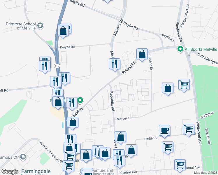 map of restaurants, bars, coffee shops, grocery stores, and more near 208 Cranberry Court in Melville
