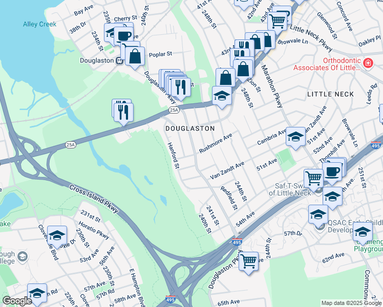 map of restaurants, bars, coffee shops, grocery stores, and more near 241-15 Rushmore Avenue in Queens