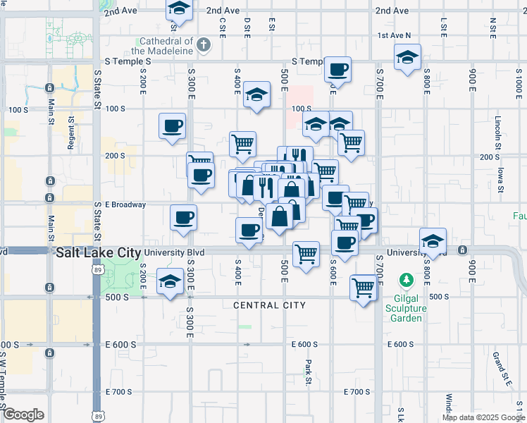 map of restaurants, bars, coffee shops, grocery stores, and more near 446 East 300 South in Salt Lake City