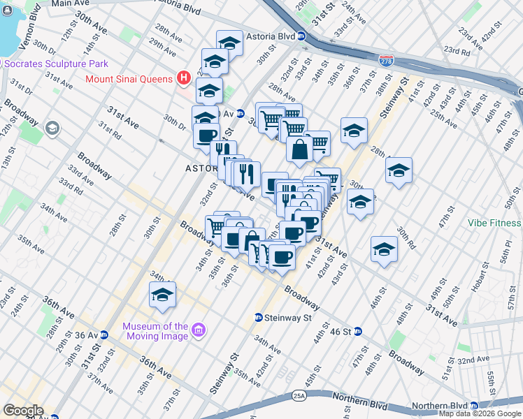 map of restaurants, bars, coffee shops, grocery stores, and more near 35-06 31st Avenue in Queens