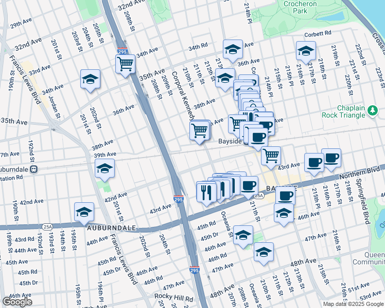 map of restaurants, bars, coffee shops, grocery stores, and more near 40-05 209th Street in Queens