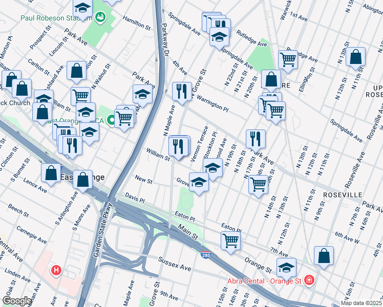 map of restaurants, bars, coffee shops, grocery stores, and more near 31 Vernon Terrace in East Orange