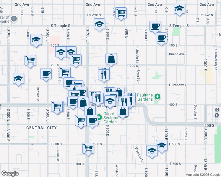 map of restaurants, bars, coffee shops, grocery stores, and more near 808 East 300 South in Salt Lake City