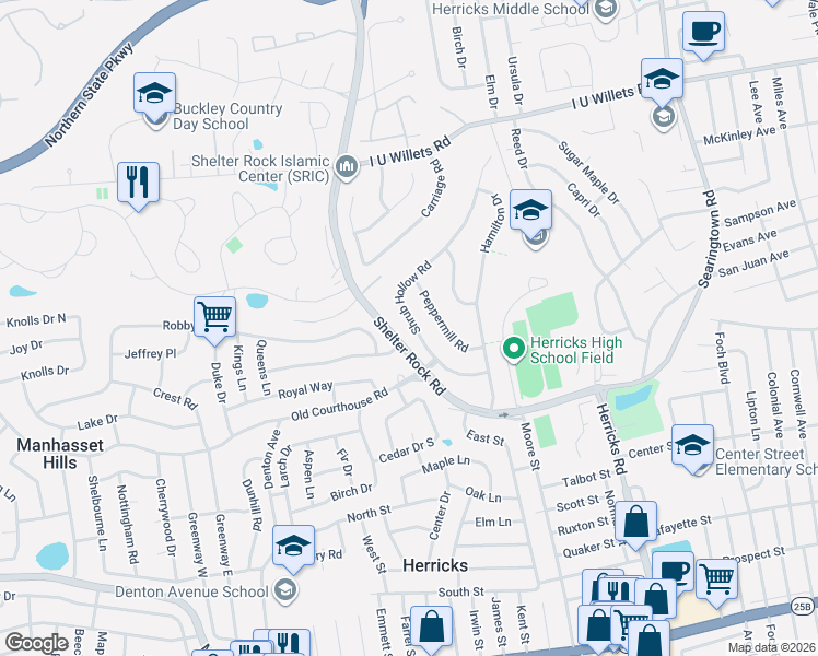 map of restaurants, bars, coffee shops, grocery stores, and more near 47 Shrub Hollow Road in Roslyn