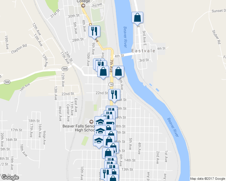 map of restaurants, bars, coffee shops, grocery stores, and more near 2208 7th Avenue in Beaver Falls