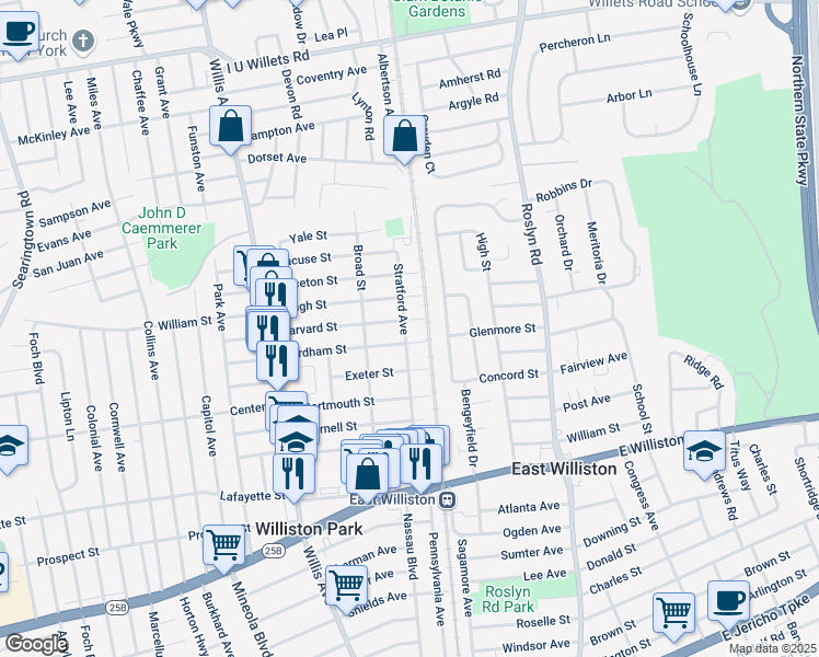 map of restaurants, bars, coffee shops, grocery stores, and more near 147 Stratford Avenue in Williston Park