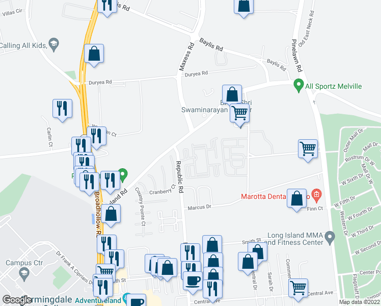map of restaurants, bars, coffee shops, grocery stores, and more near 310 Court North Drive in Melville