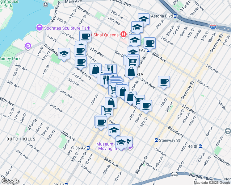 map of restaurants, bars, coffee shops, grocery stores, and more near 30-01 Broadway in Queens