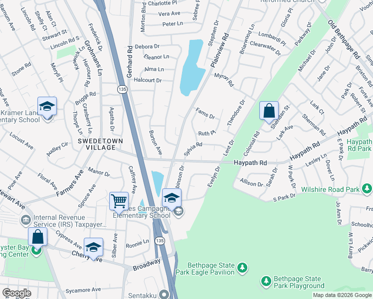 map of restaurants, bars, coffee shops, grocery stores, and more near 7 Sylvia Road in Plainview