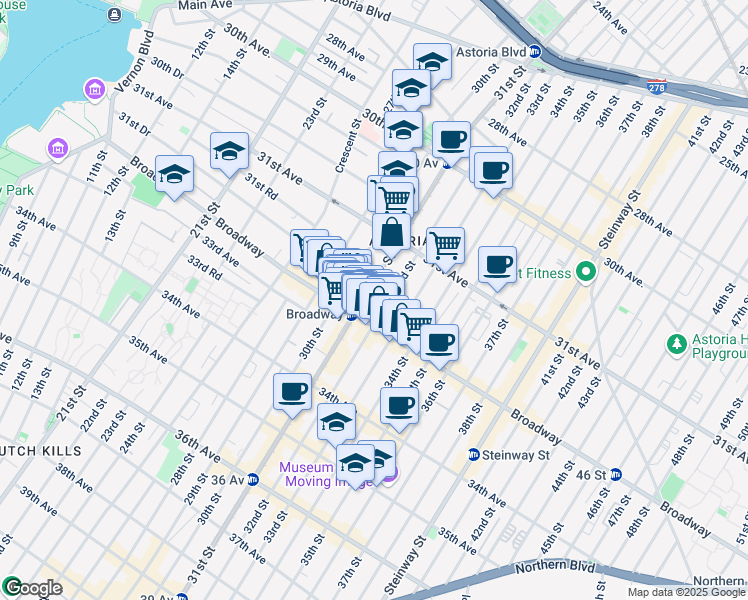 map of restaurants, bars, coffee shops, grocery stores, and more near 31-57 31st Street in Queens