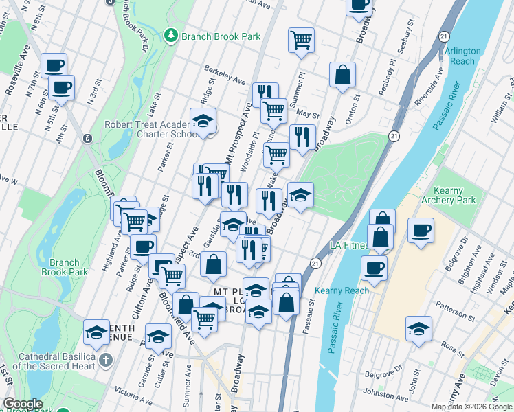 map of restaurants, bars, coffee shops, grocery stores, and more near 20 Wakeman Avenue in Newark