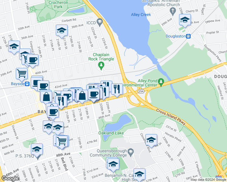 map of restaurants, bars, coffee shops, grocery stores, and more near 43-20 222nd Street in Queens