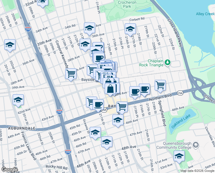 map of restaurants, bars, coffee shops, grocery stores, and more near 42-07 Bell Boulevard in Queens