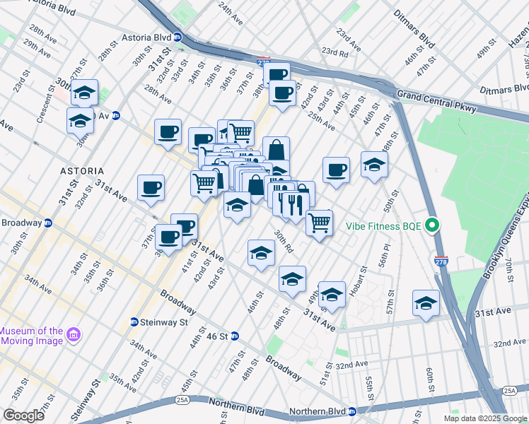 map of restaurants, bars, coffee shops, grocery stores, and more near 43-04 30th Avenue in Queens
