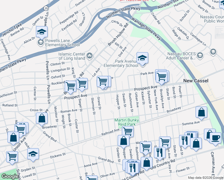 map of restaurants, bars, coffee shops, grocery stores, and more near 863 Prospect Avenue in Westbury