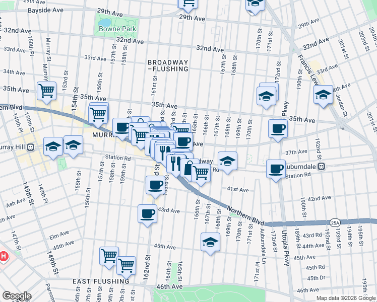 map of restaurants, bars, coffee shops, grocery stores, and more near 36-14 165th Street in Queens