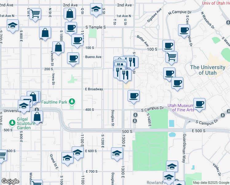 map of restaurants, bars, coffee shops, grocery stores, and more near 305 Douglas Street in Salt Lake City