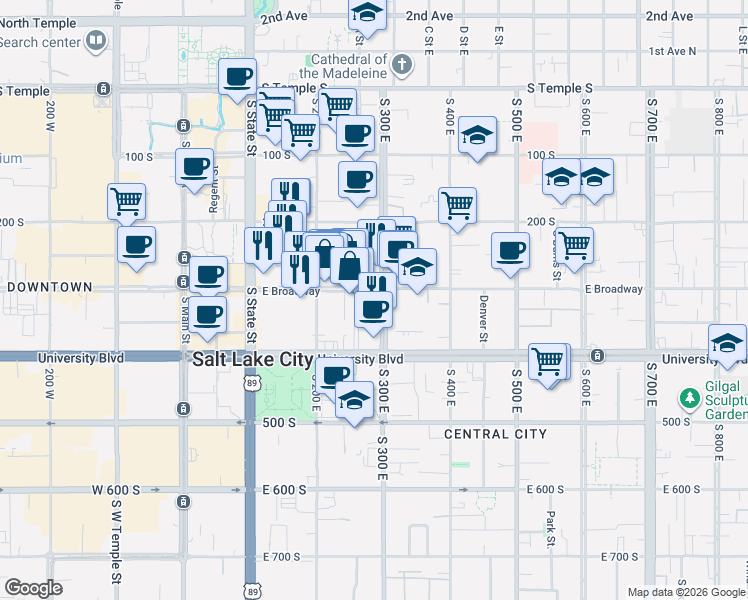 map of restaurants, bars, coffee shops, grocery stores, and more near 256 300 South in Salt Lake City