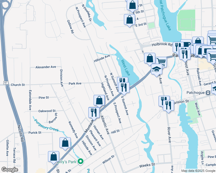 map of restaurants, bars, coffee shops, grocery stores, and more near 42 North Prospect Avenue in Patchogue