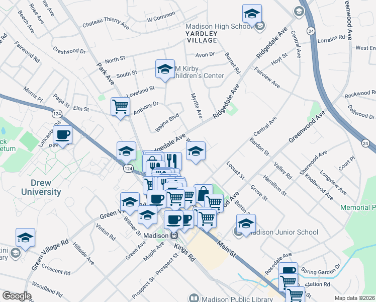 map of restaurants, bars, coffee shops, grocery stores, and more near 28 Walnut Street in Madison