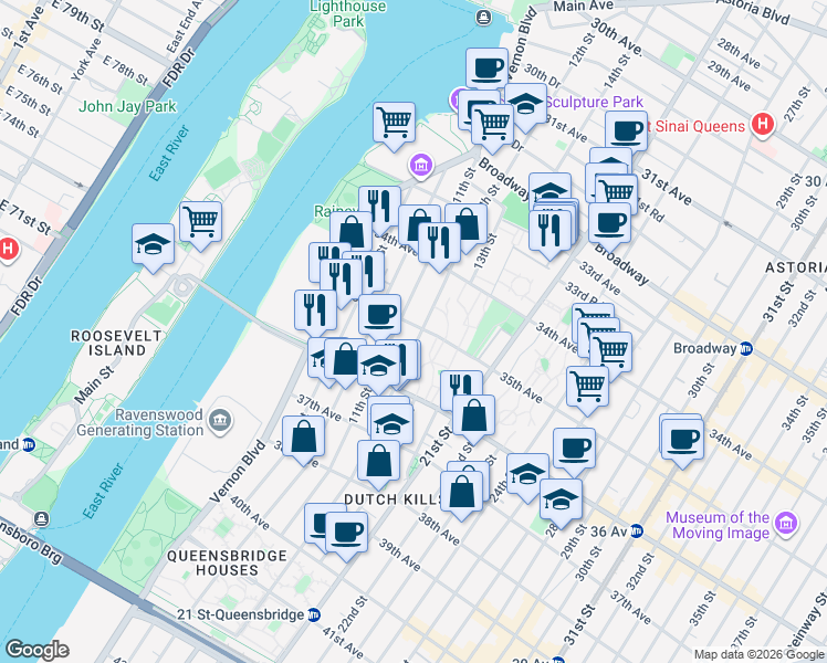 map of restaurants, bars, coffee shops, grocery stores, and more near 11-18 35th Avenue in Queens