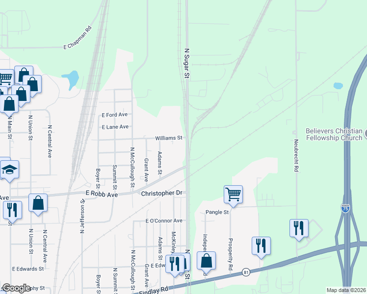 map of restaurants, bars, coffee shops, grocery stores, and more near 1615 North Sugar Street in Lima