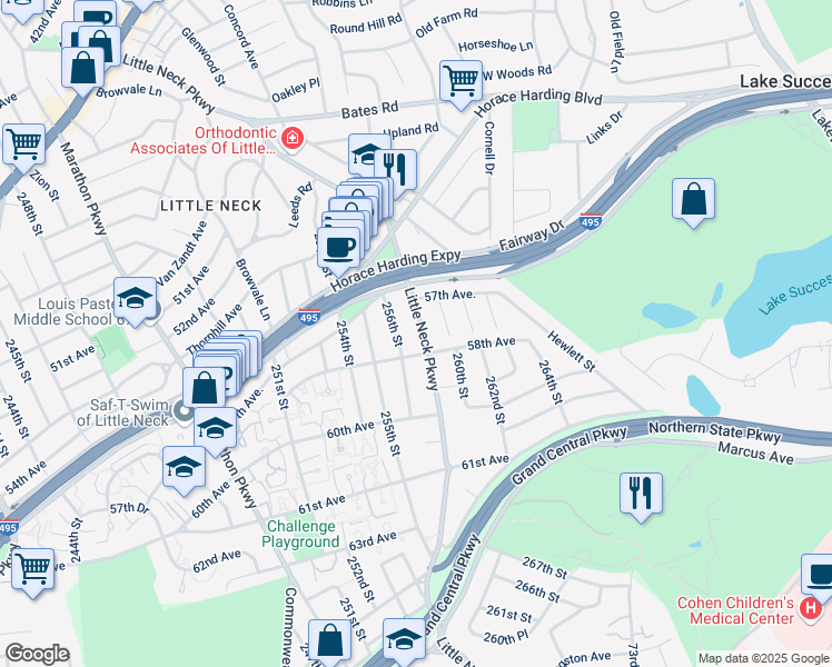 map of restaurants, bars, coffee shops, grocery stores, and more near 57-50 Little Neck Parkway in Queens