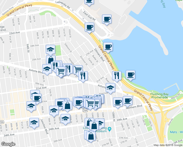 map of restaurants, bars, coffee shops, grocery stores, and more near 29-14 Ericsson Street in Queens