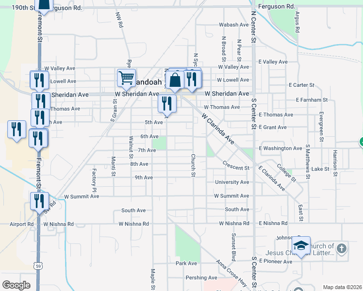 map of restaurants, bars, coffee shops, grocery stores, and more near 501-635 7th Avenue in Shenandoah