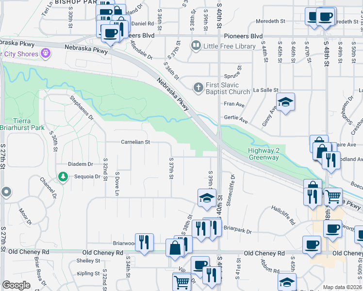 map of restaurants, bars, coffee shops, grocery stores, and more near 5110 Rosebriar Court in Lincoln
