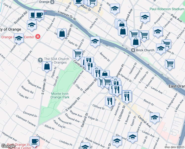 map of restaurants, bars, coffee shops, grocery stores, and more near 10 Central Avenue in East Orange