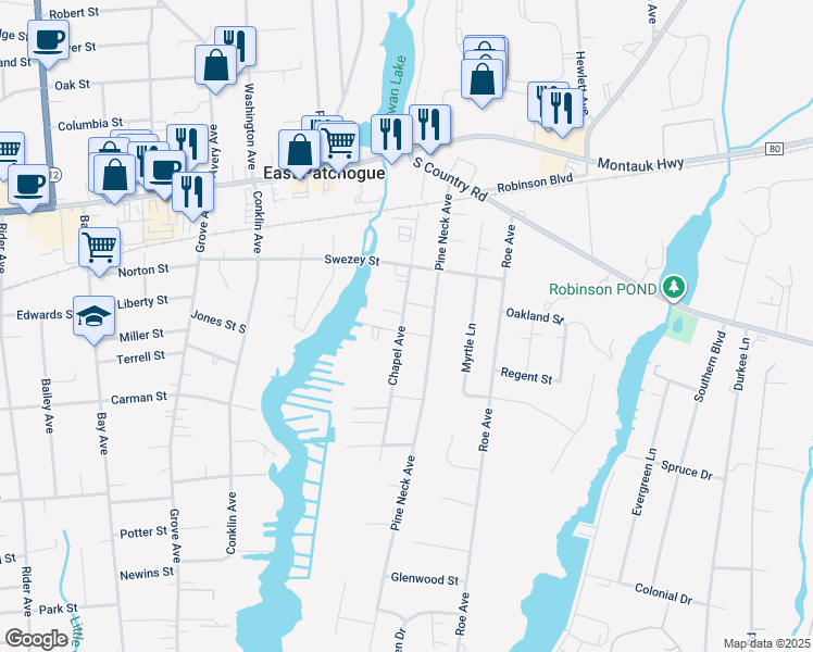 map of restaurants, bars, coffee shops, grocery stores, and more near 93 Chapel Avenue in East Patchogue
