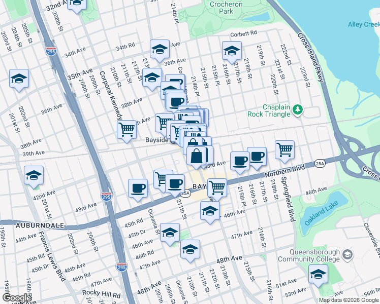 map of restaurants, bars, coffee shops, grocery stores, and more near 42-07 Bell Boulevard in Queens