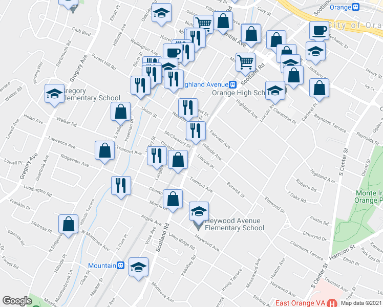 map of restaurants, bars, coffee shops, grocery stores, and more near 541 Scotland Road in City of Orange