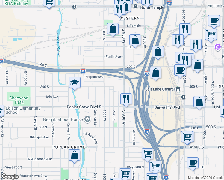 map of restaurants, bars, coffee shops, grocery stores, and more near 927 West 300 South in Salt Lake City