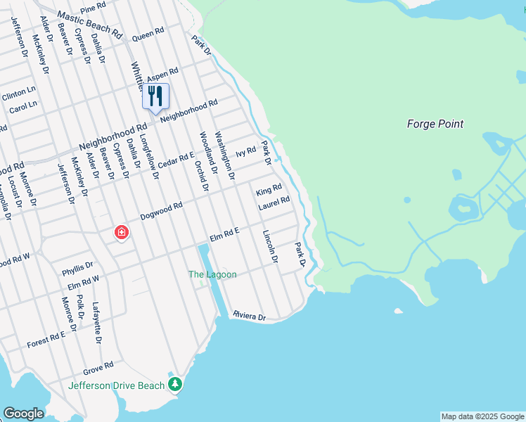 map of restaurants, bars, coffee shops, grocery stores, and more near 81 Lincoln Dr in Mastic Beach