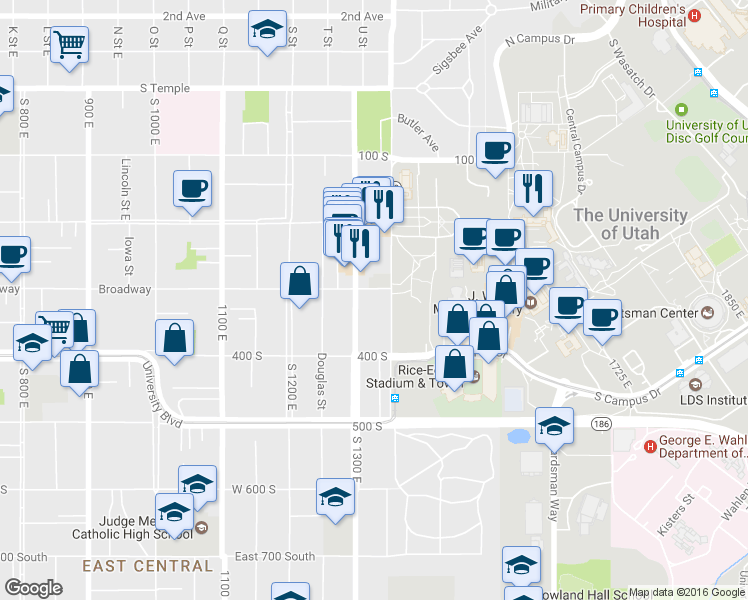 map of restaurants, bars, coffee shops, grocery stores, and more near 1318 East 300 South in Salt Lake City