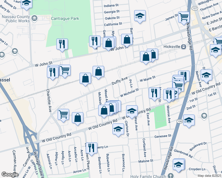 map of restaurants, bars, coffee shops, grocery stores, and more near 358 W Nicholai St in Hicksville