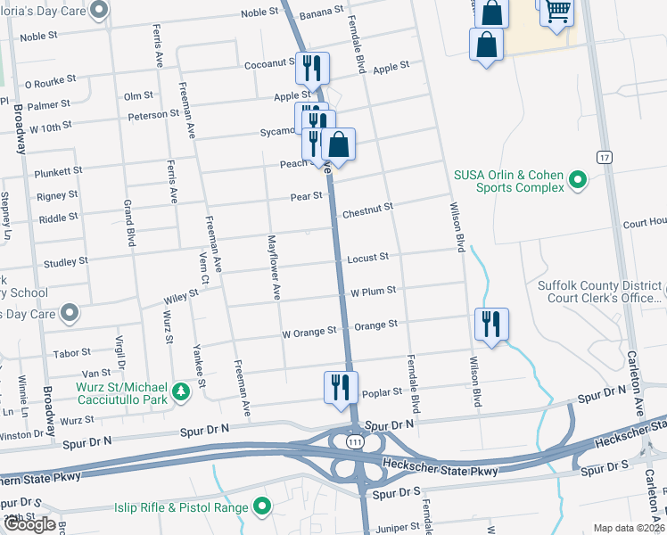 map of restaurants, bars, coffee shops, grocery stores, and more near 900 Islip Avenue in Brentwood