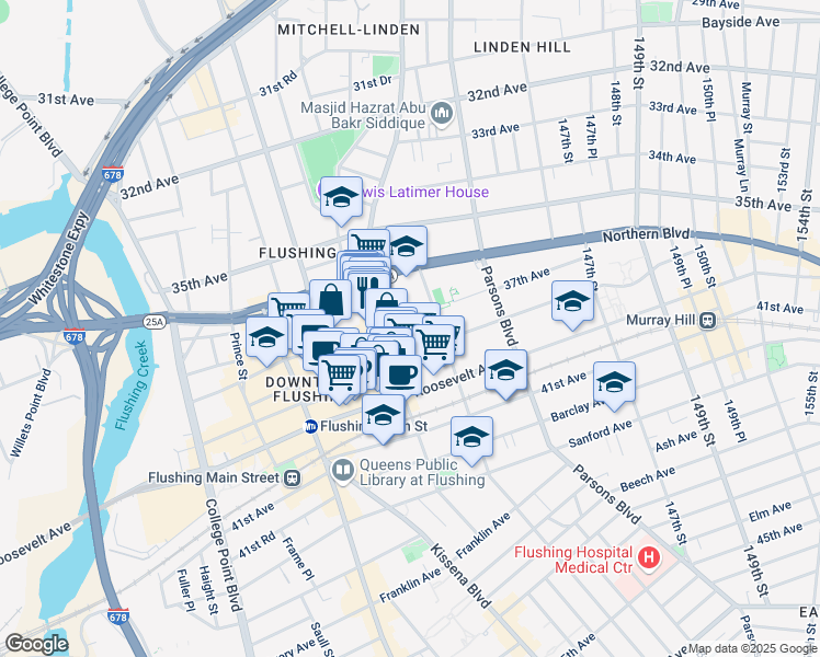 map of restaurants, bars, coffee shops, grocery stores, and more near 37-05 Union Street in Queens