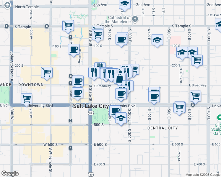 map of restaurants, bars, coffee shops, grocery stores, and more near 200 East 300 South in Salt Lake City