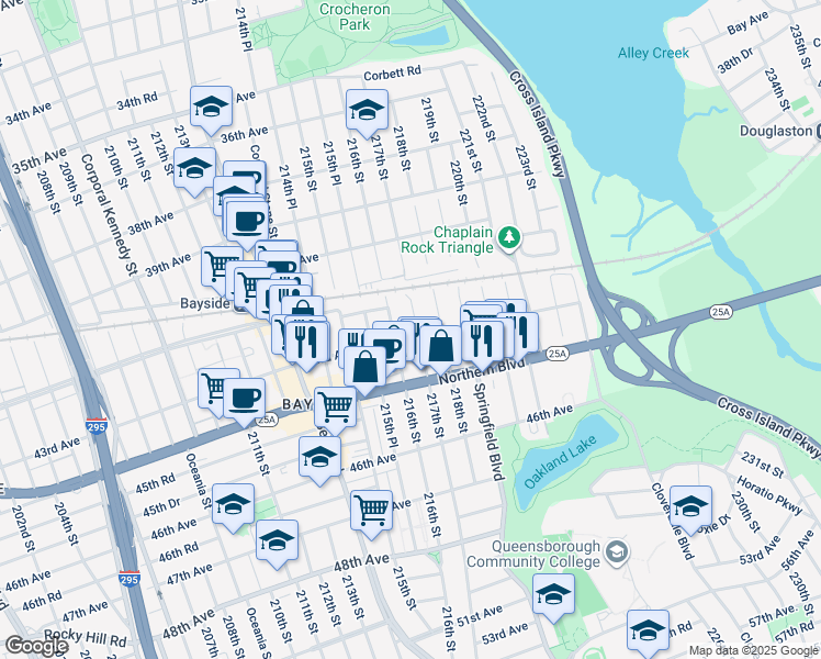 map of restaurants, bars, coffee shops, grocery stores, and more near 216-17 43rd Avenue in Queens