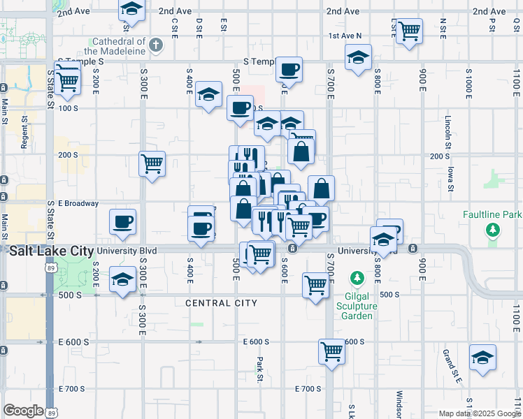 map of restaurants, bars, coffee shops, grocery stores, and more near 556 East 300 South in Salt Lake City