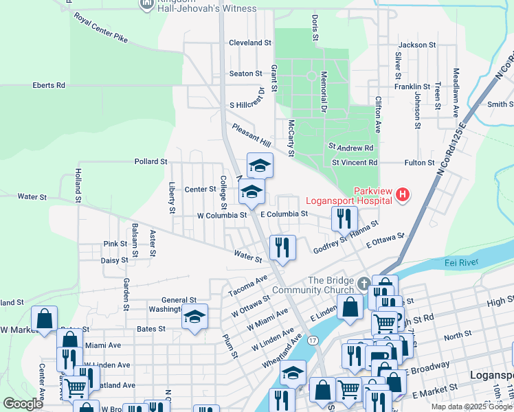 map of restaurants, bars, coffee shops, grocery stores, and more near 1300 North 3rd Street in Logansport