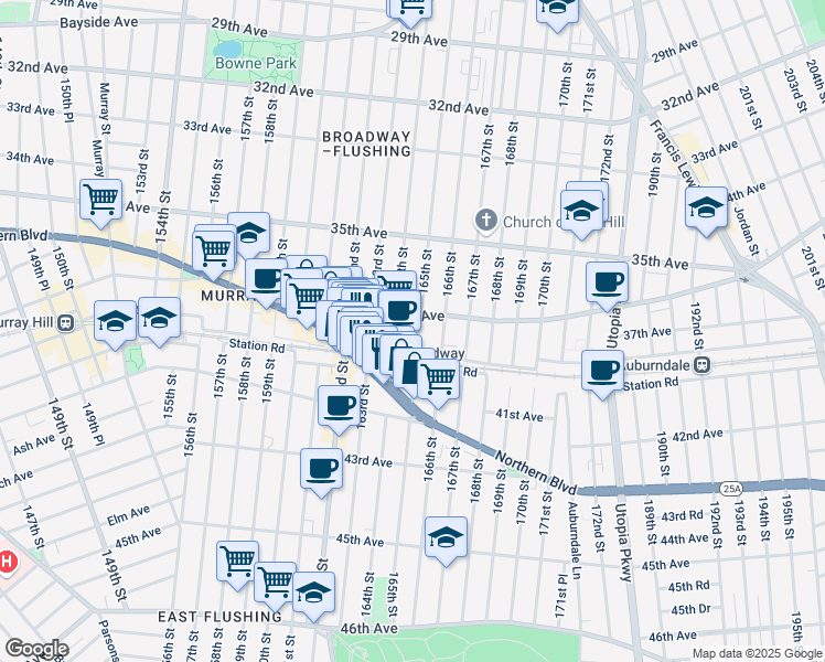 map of restaurants, bars, coffee shops, grocery stores, and more near 36-7 164th Street in Queens