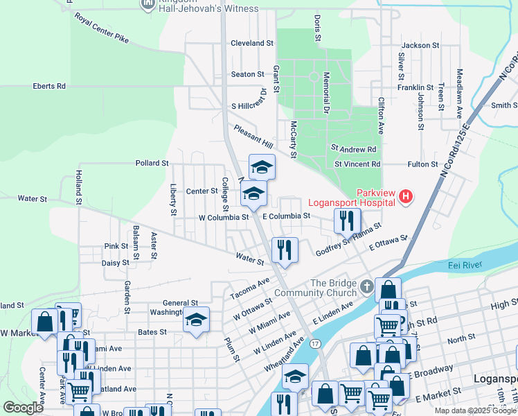 map of restaurants, bars, coffee shops, grocery stores, and more near 1300 North 3rd Street in Logansport