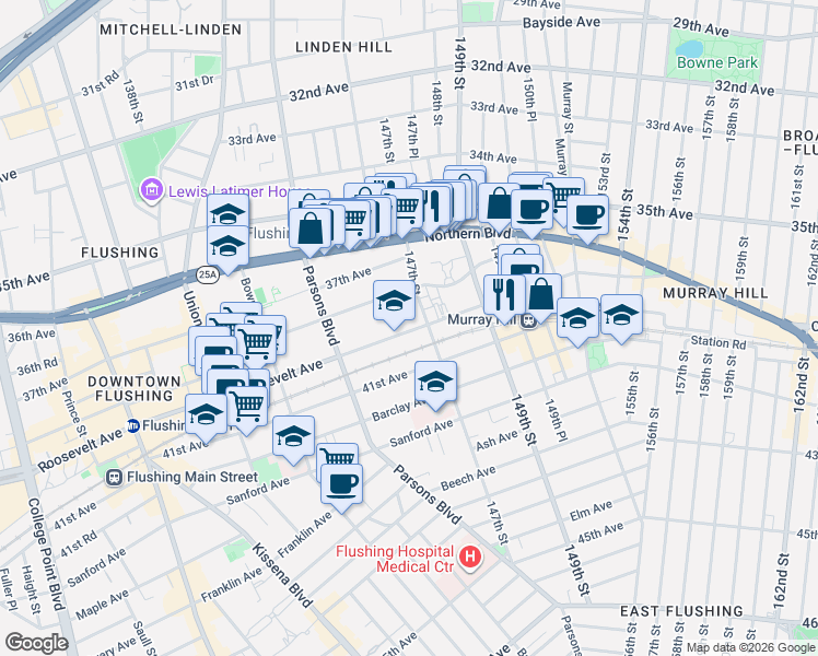 map of restaurants, bars, coffee shops, grocery stores, and more near 144-77 Roosevelt Avenue in Queens