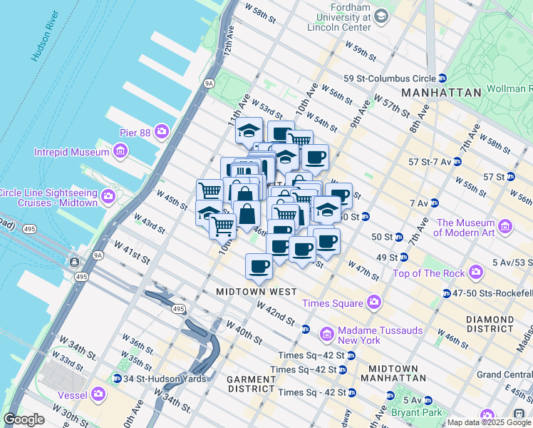 map of restaurants, bars, coffee shops, grocery stores, and more near 447 West 47th Street in New York