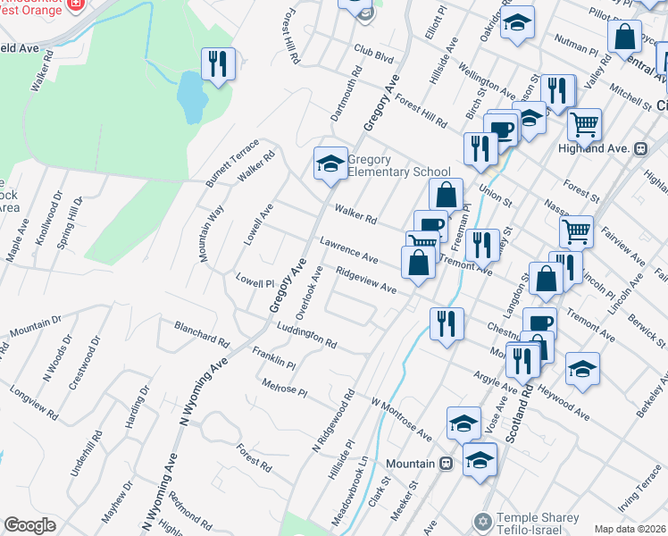 map of restaurants, bars, coffee shops, grocery stores, and more near 33 Overlook Avenue in West Orange