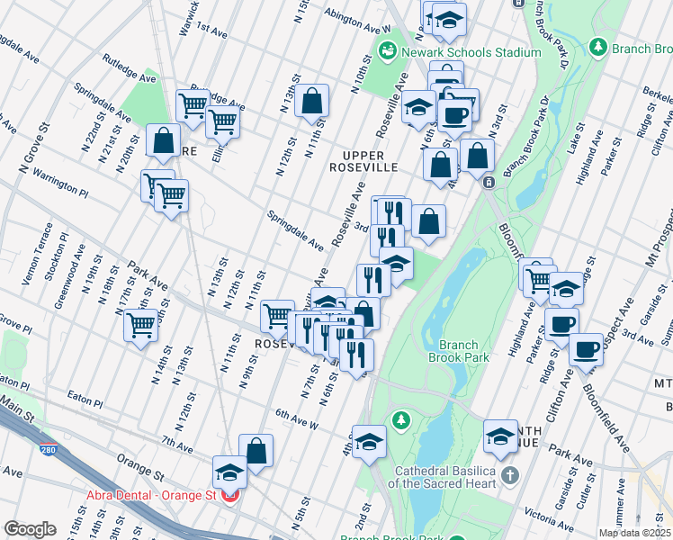 map of restaurants, bars, coffee shops, grocery stores, and more near 337 Roseville Avenue in Newark